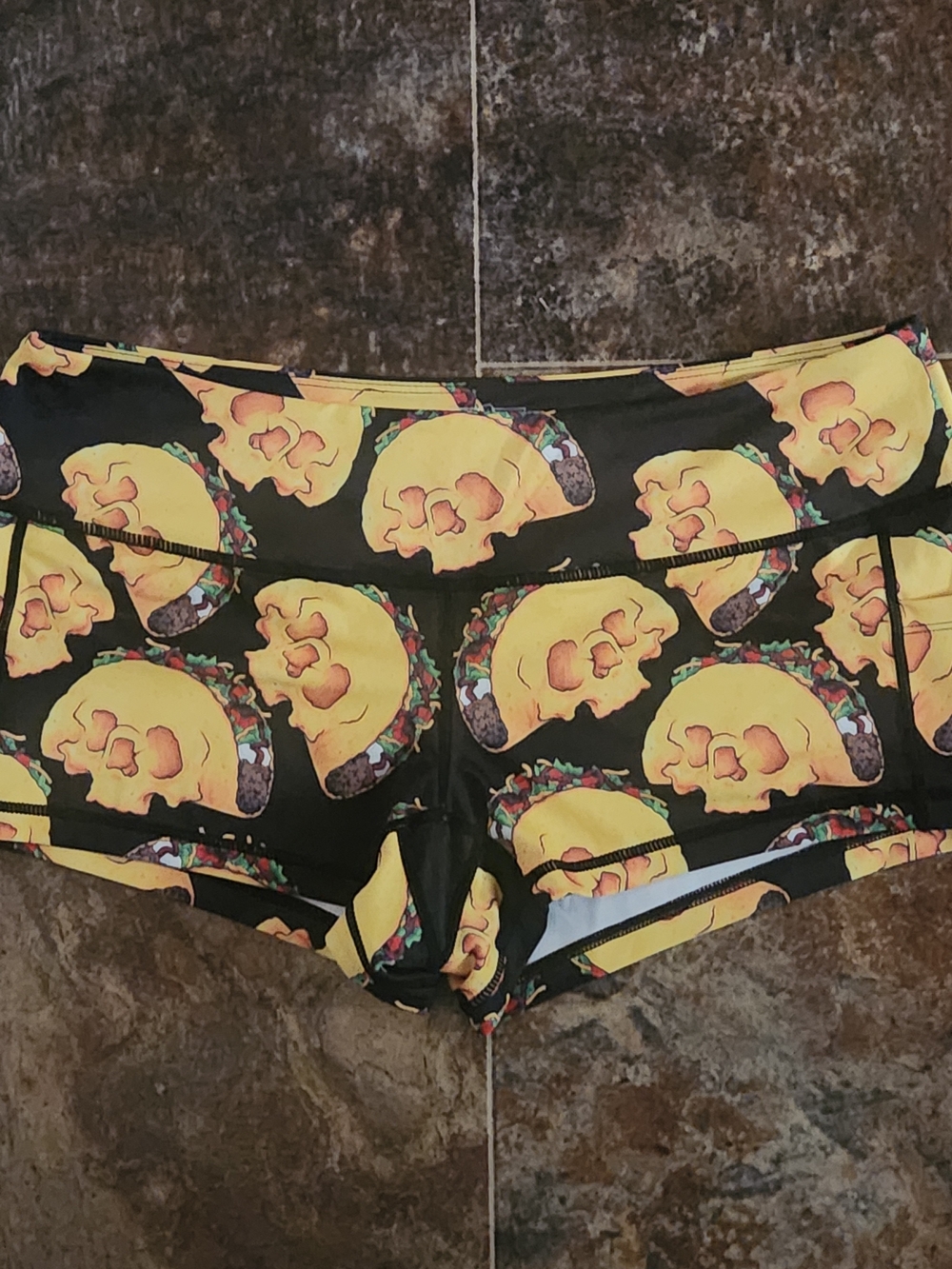 Feed Me Fight Me Women's XL Athletic Shorts Taco Skull Graphic Black Yellow